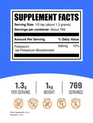 BulkSupplements potassium bicarbonate powder with scoop for easy portioning.