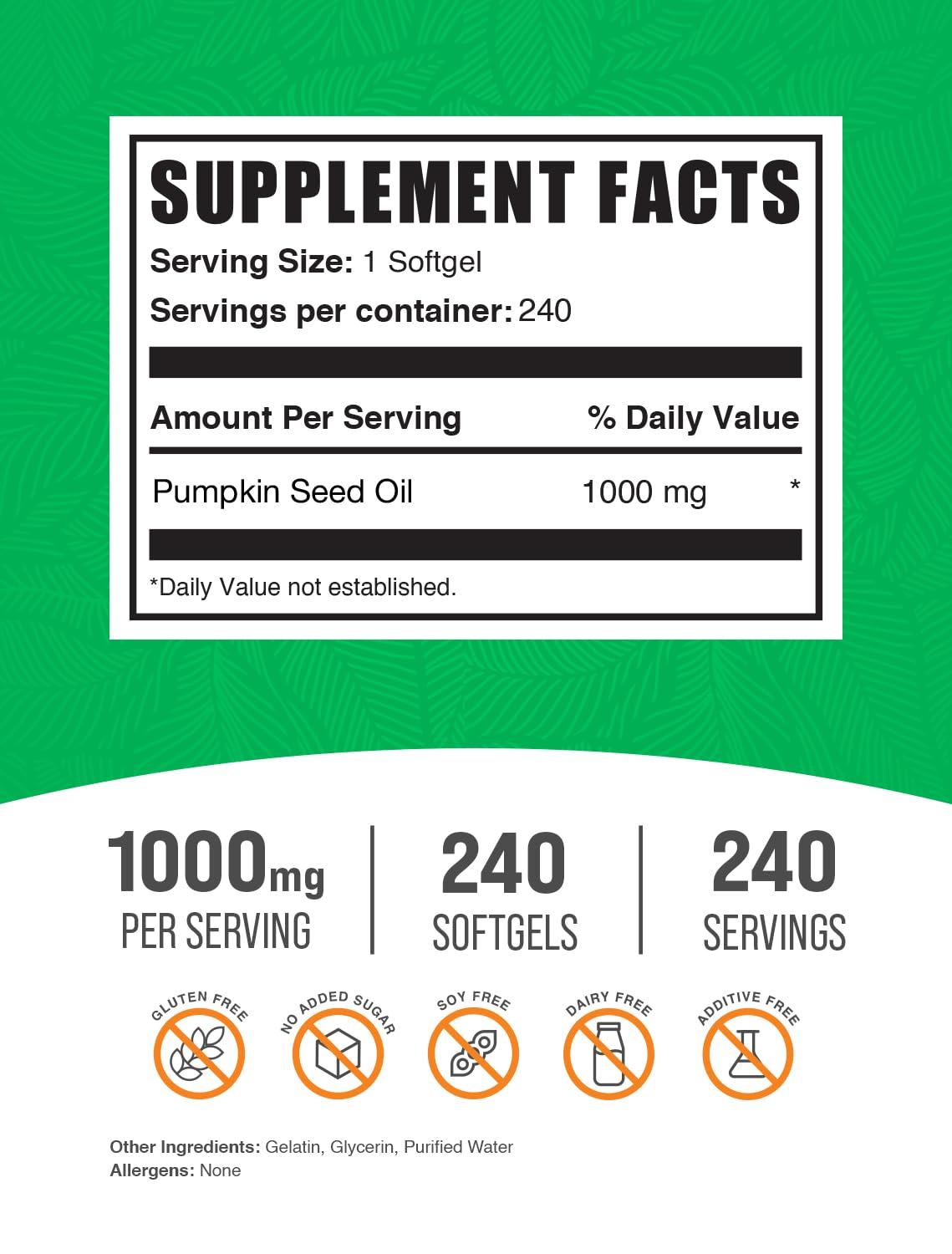 BulkSupplements pumpkin seed oil softgels serving count showing 1000 mg dose.