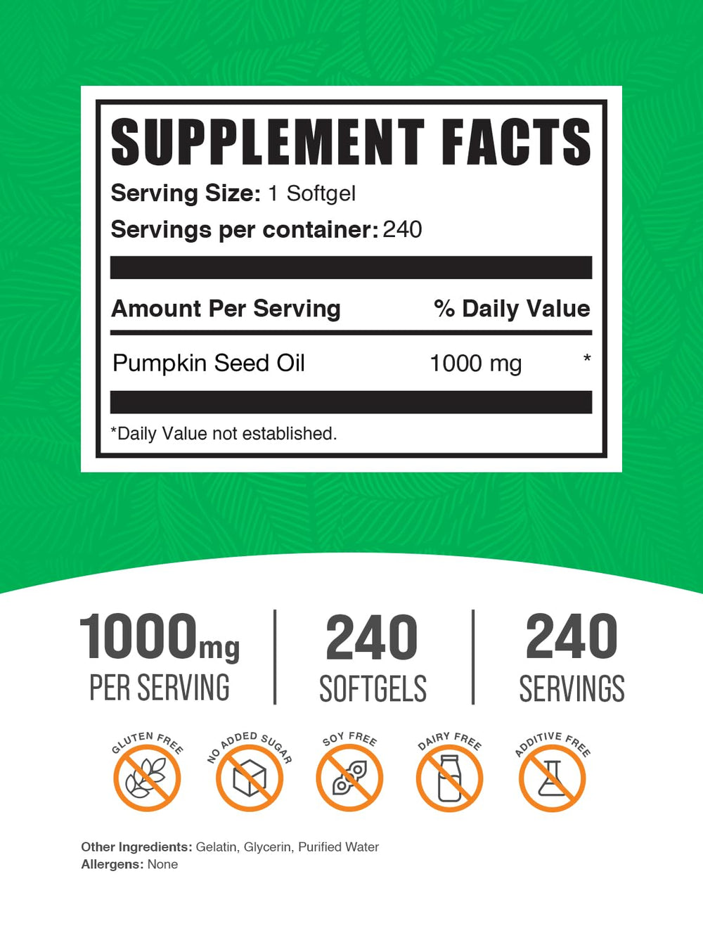 BulkSupplements pumpkin seed oil softgels serving count showing 1000 mg dose.