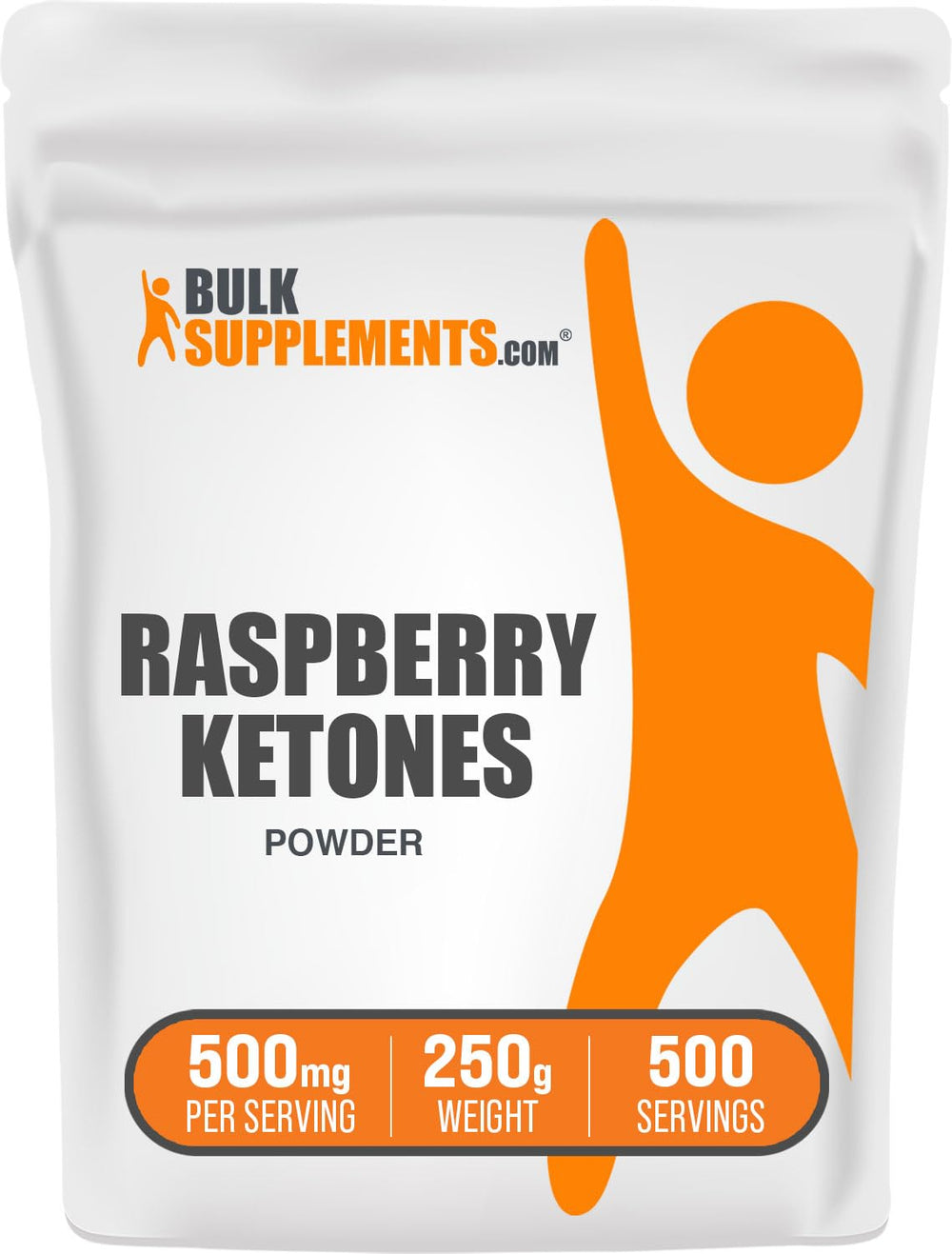 BulkSupplements Raspberry Ketones powder jar label showing product name and gluten-free claim