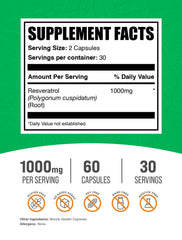 BulkSupplements Resveratrol capsules close-up highlighting 500 mg per capsule for antioxidant support.
