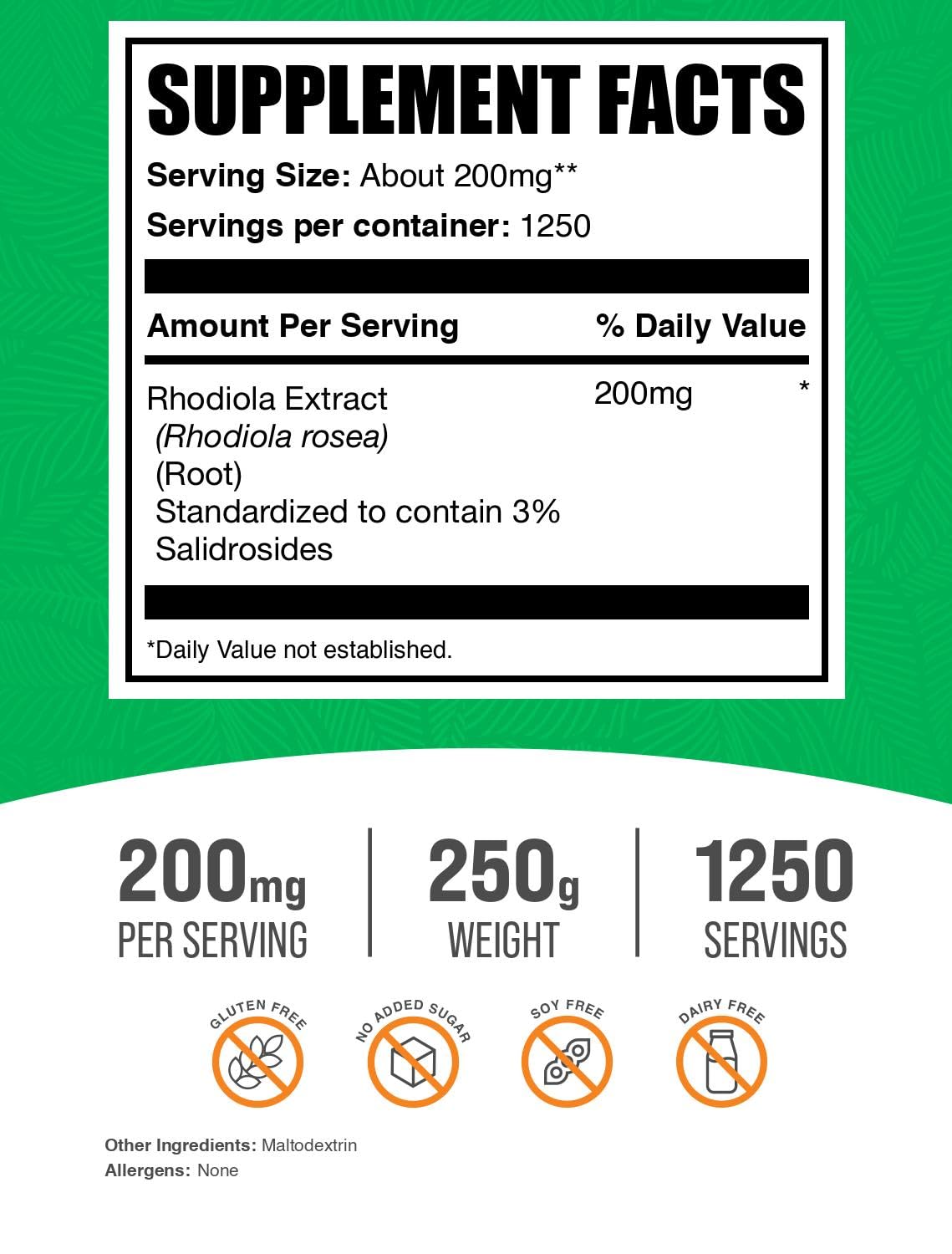 BulkSupplements Rhodiola Extract Powder packaging highlighting gluten-free formula