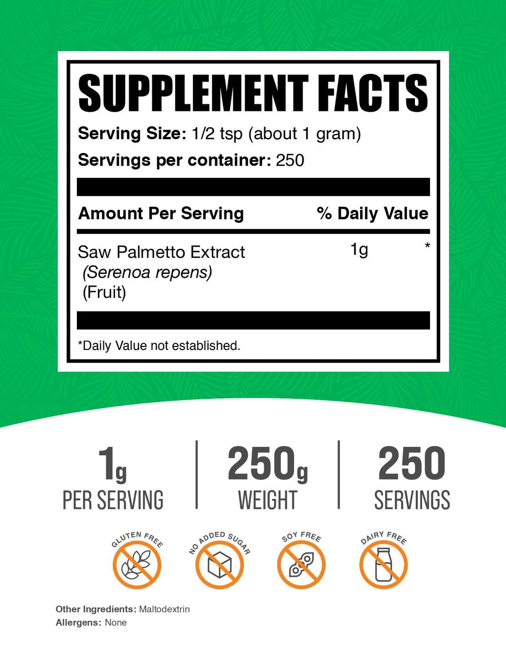 BulkSupplements Saw Palmetto Extract Powder jar label highlights purity.