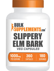 BulkSupplements slippery elm bark extract capsules bottle on kitchen counter, gluten-free daily supplement