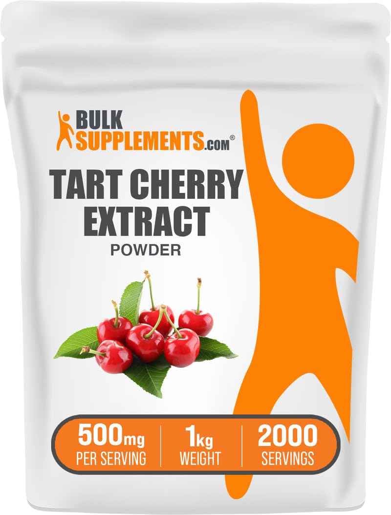 BulkSupplements Tart Cherry Extract bottle shows antioxidants for daily wellness.
