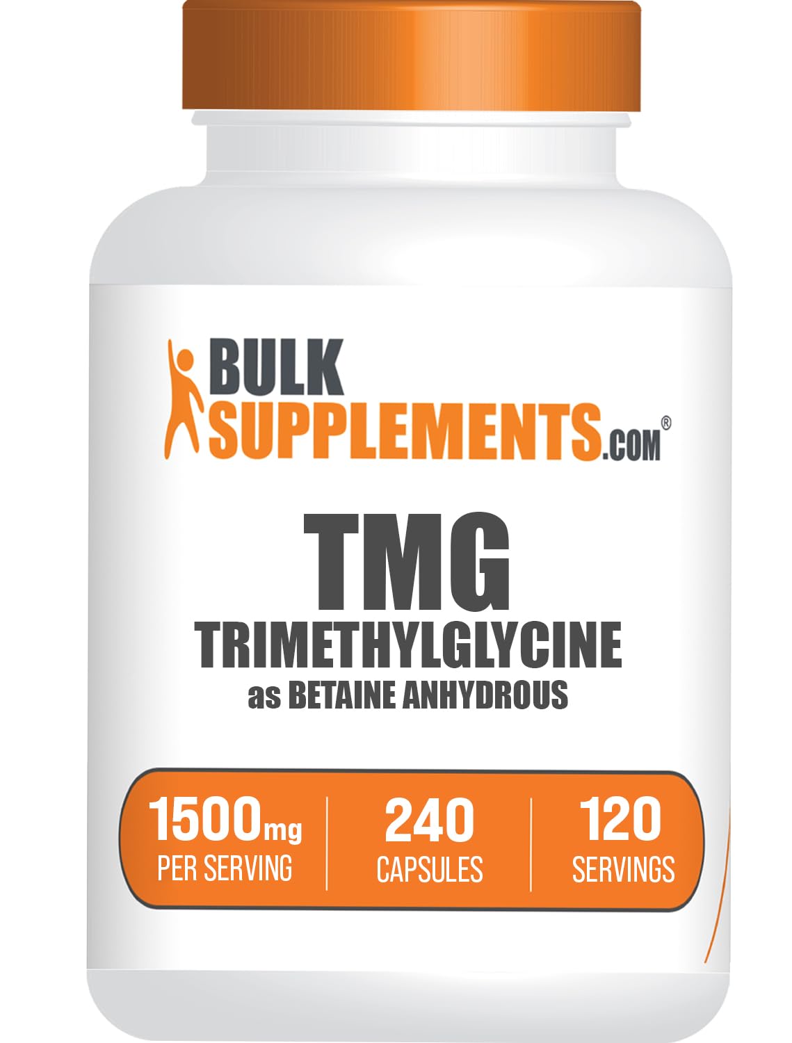 BulkSupplements TMG capsules bottle front highlighting gluten-free formula and daily use