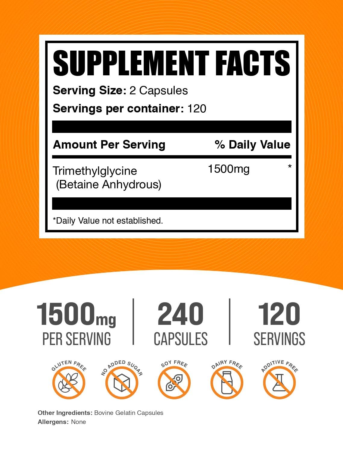 BulkSupplements TMG capsules packaging side with serving size and 1500 mg detail