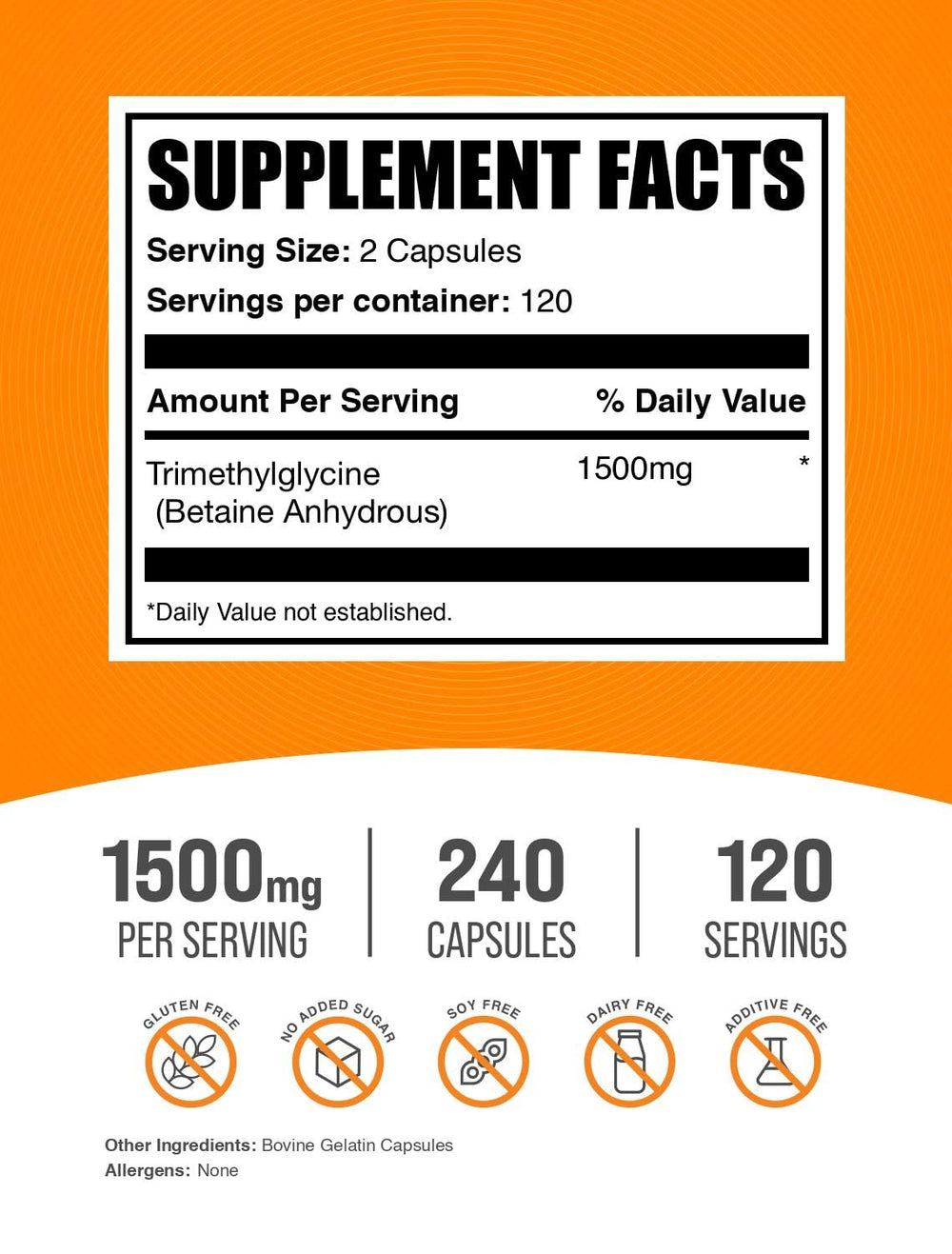 BulkSupplements TMG capsules packaging side with serving size and 1500 mg detail