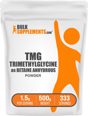 BulkSupplements TMG powder bottle, unflavored Betaine Anhydrous for easy mixing.