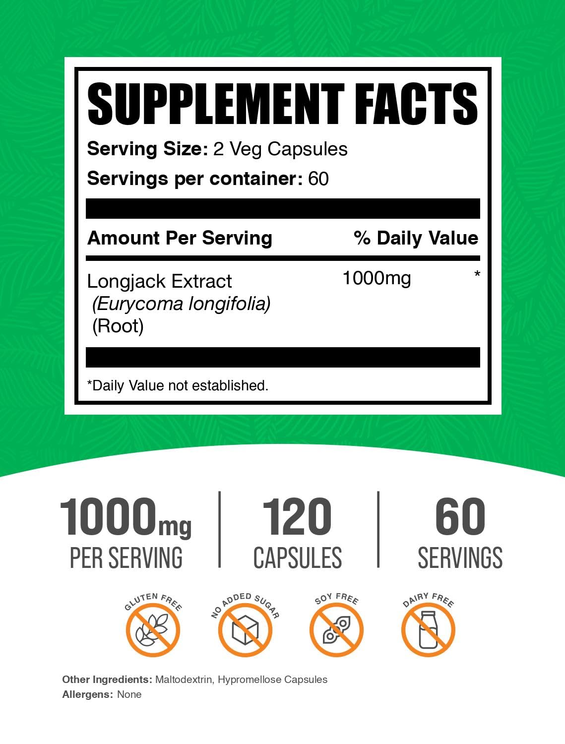 BulkSupplements Tongkat Ali extract capsules packaging shows 120 vegan-friendly capsules for daily use