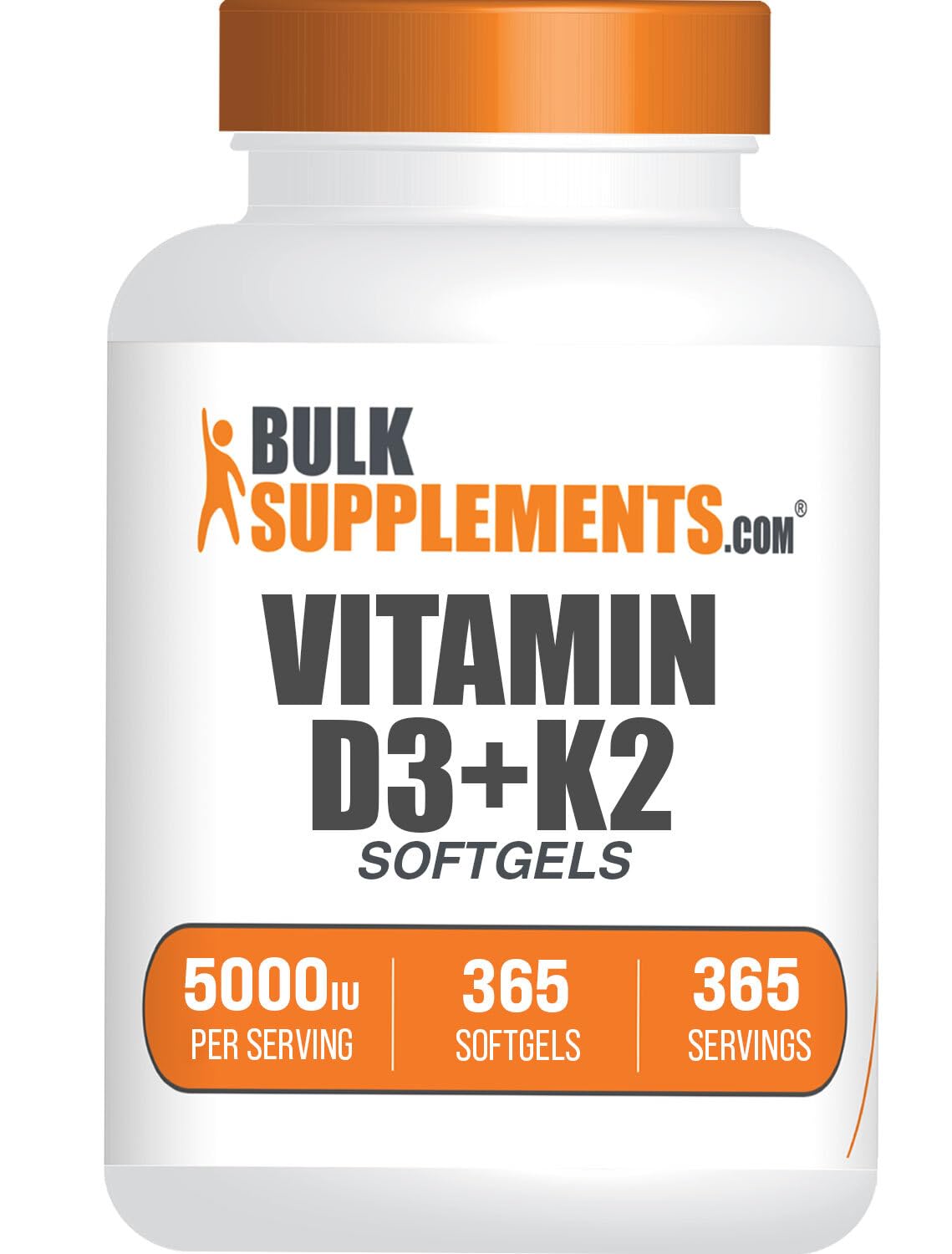 BulkSupplements Vitamin D3 + K2 softgels bottle foreground, easy daily immune support option.