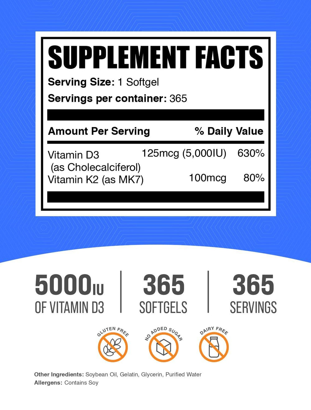 BulkSupplements Vitamin D3 + K2 softgels close-up capsules highlighting 5000 IU potency.