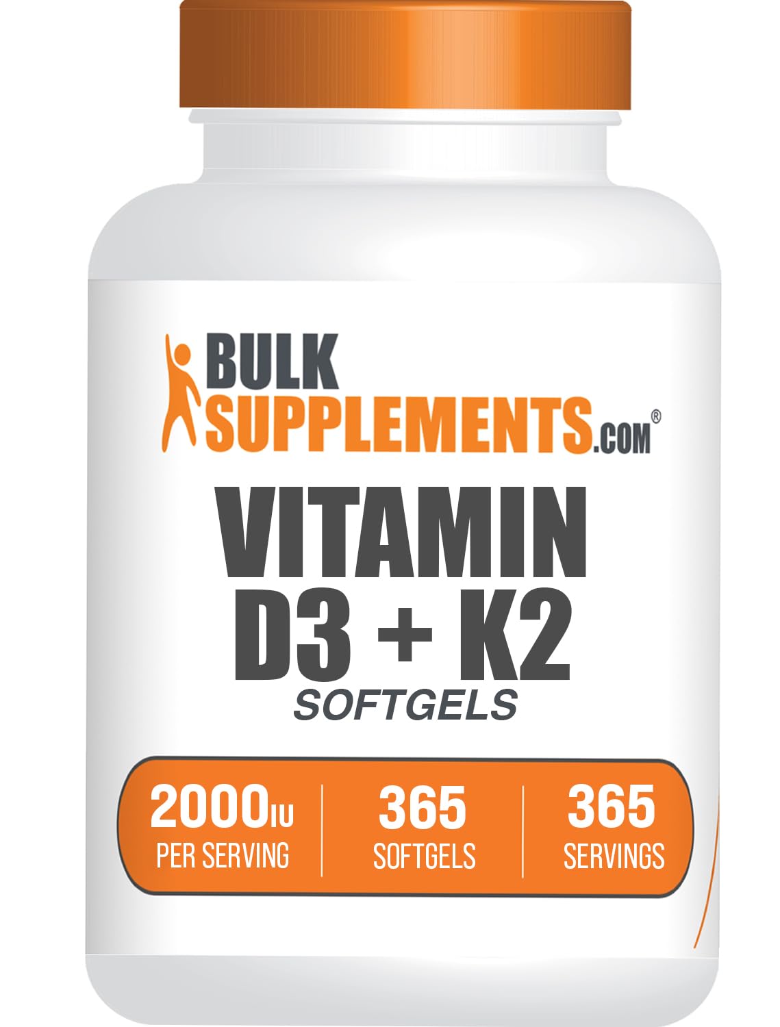BulkSupplements Vitamin D3 + K2 softgels bottle showing daily nutrient combination