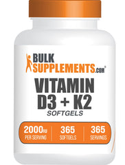 BulkSupplements Vitamin D3 + K2 softgels bottle showing daily nutrient combination