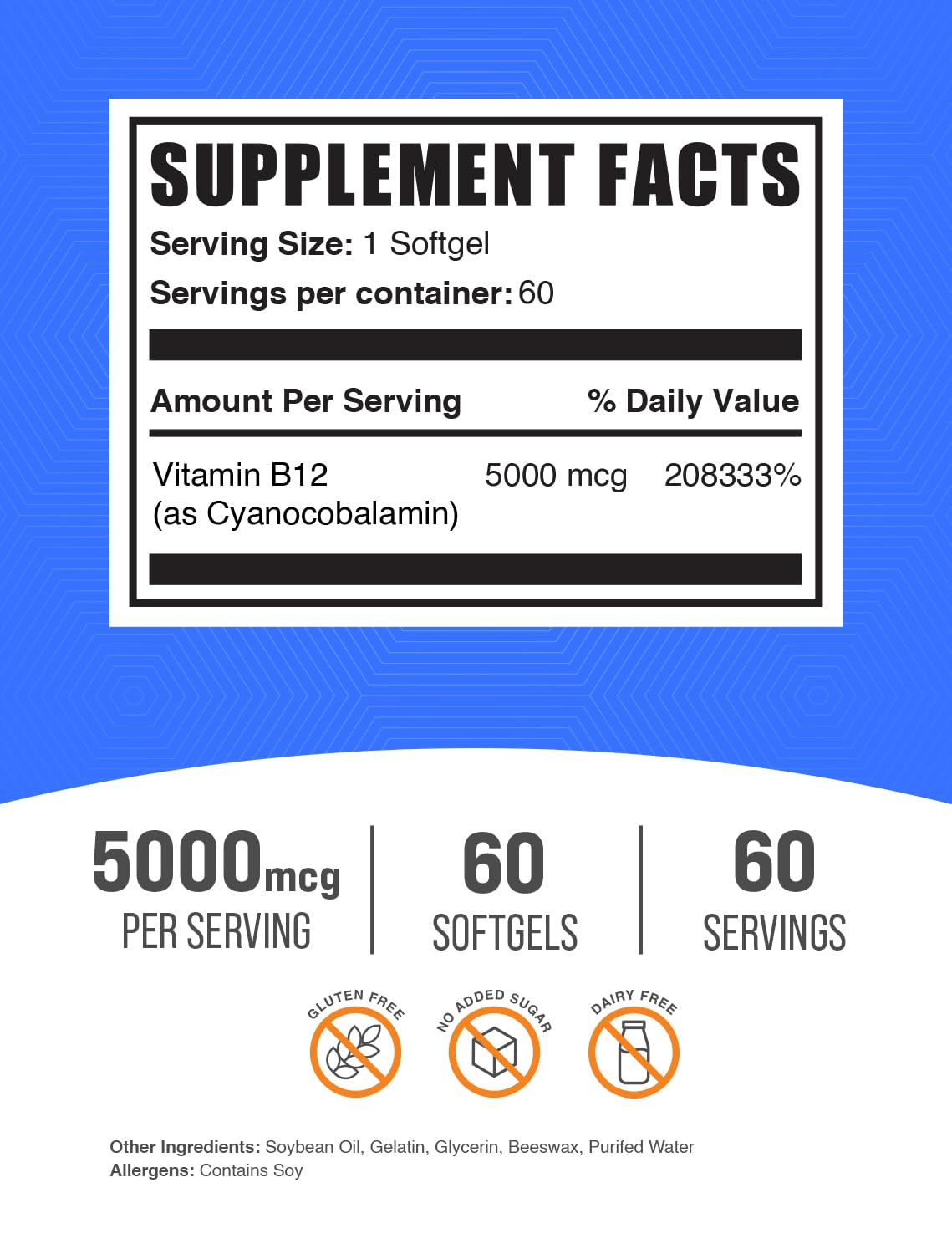 BulkSupplements Vitamina B12 5000 mcg, etiqueta detallada que inspira confianza.