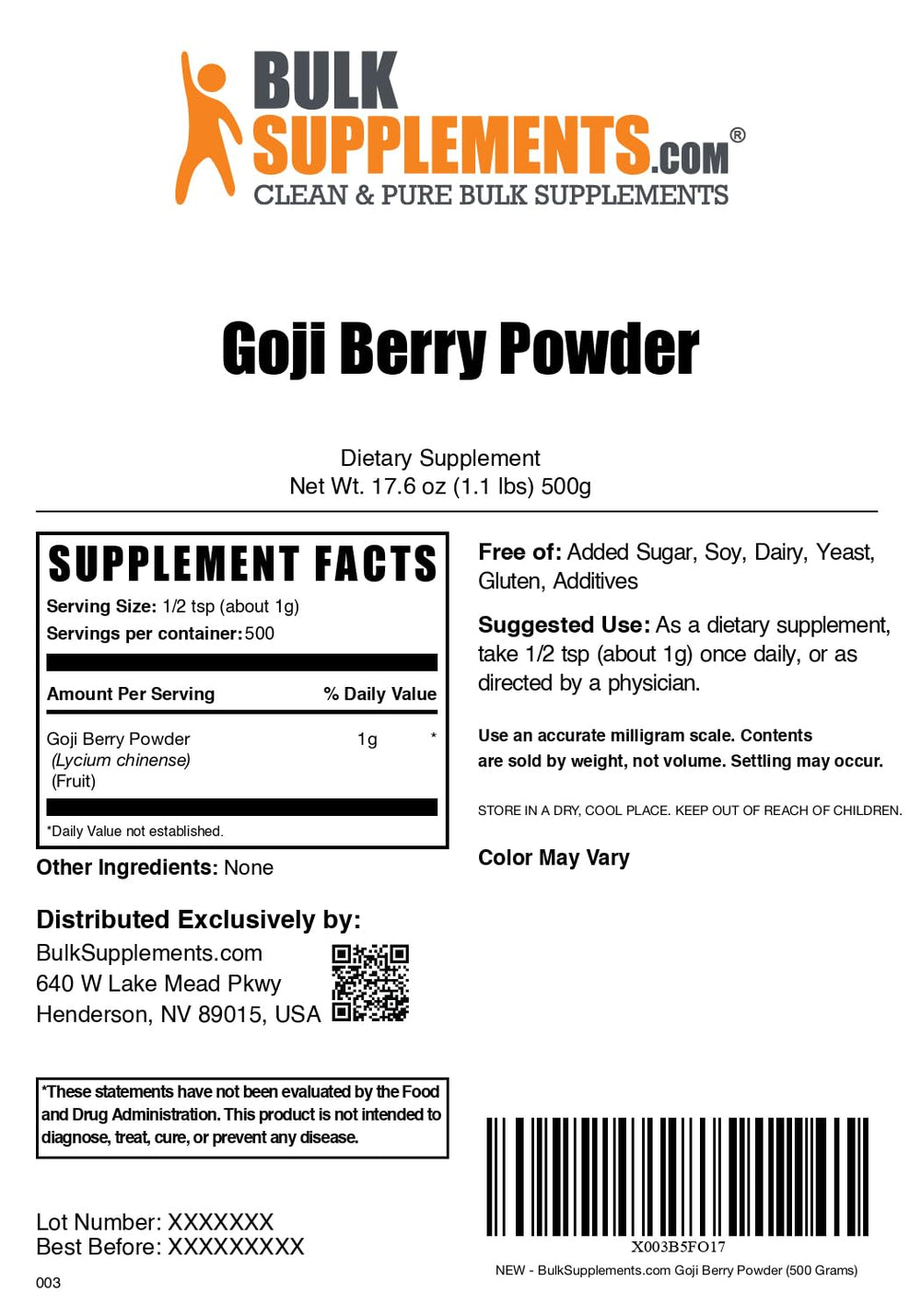 BulkSupplements Wolfberry Extract Powder ingredient chart suggests transparent quality checks.