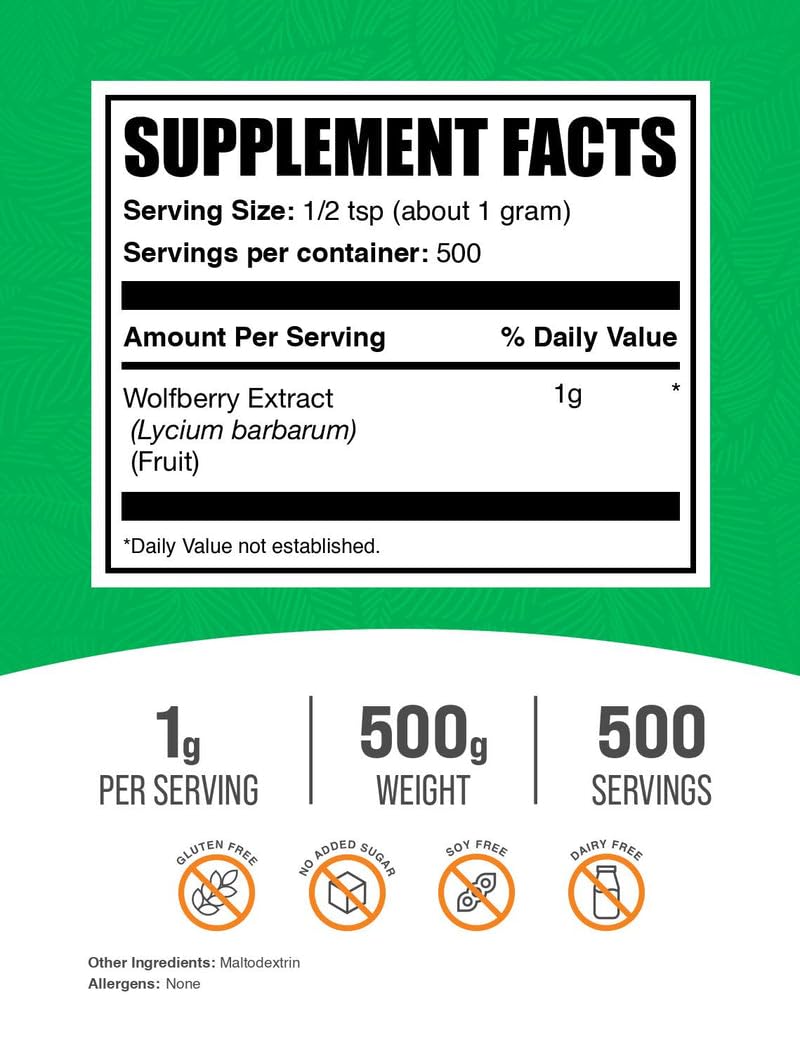 BulkSupplements Wolfberry Extract Powder label closeup emphasizing purity and quality.