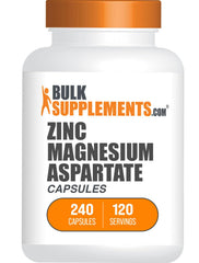 BulkSupplements Zinc Magnesium Aspartate capsules bottle closeup for daily mineral support.