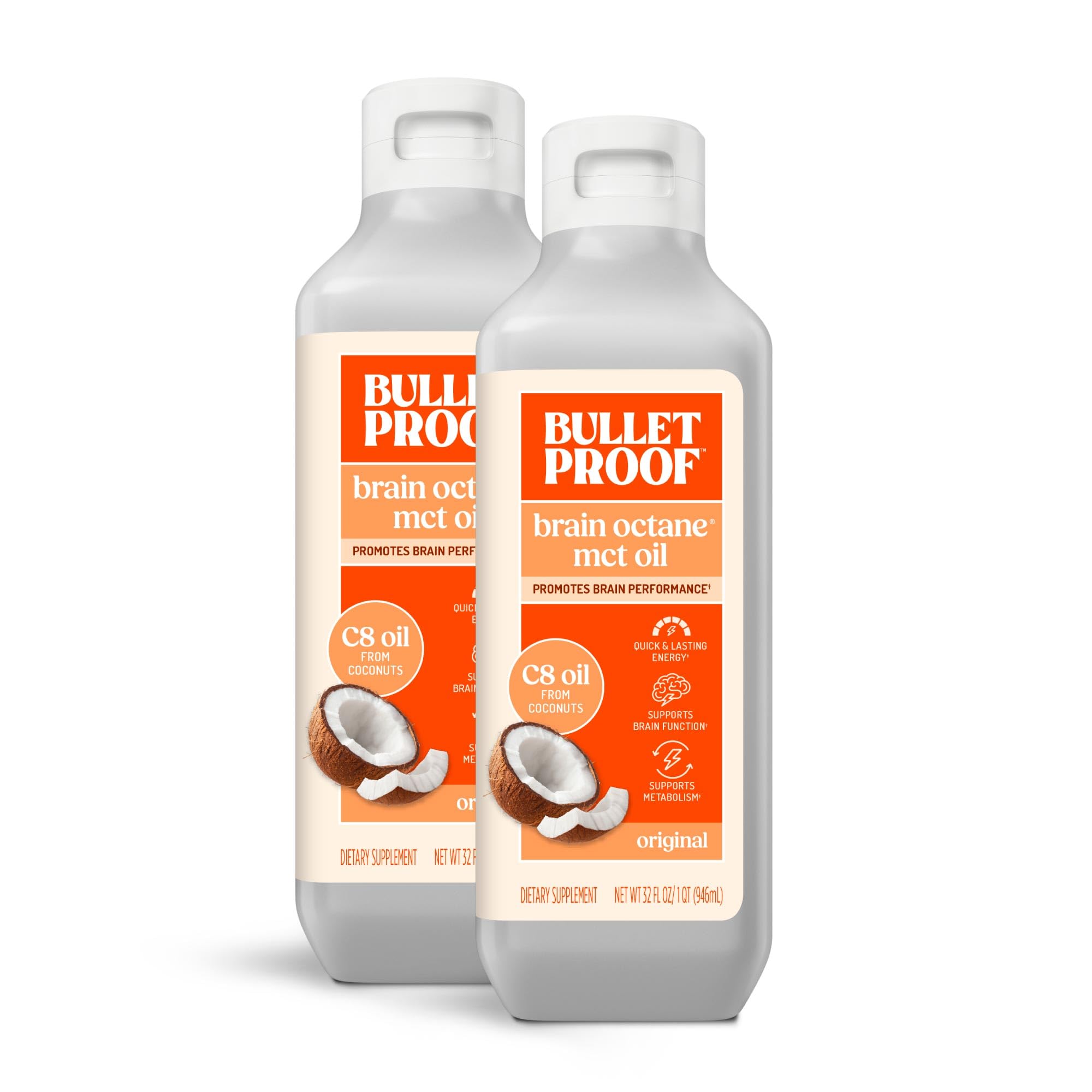 Bulletproof Brain Octane C8 MCT Oil bottles in a two-pack for steady energy.
