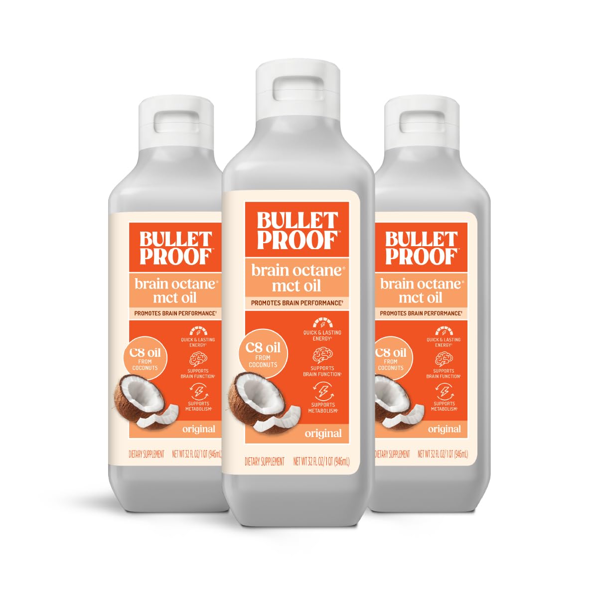 Bulletproof Brain Octane C8 MCT Oil 3-pack bottles deliver quick, sustained energy.
