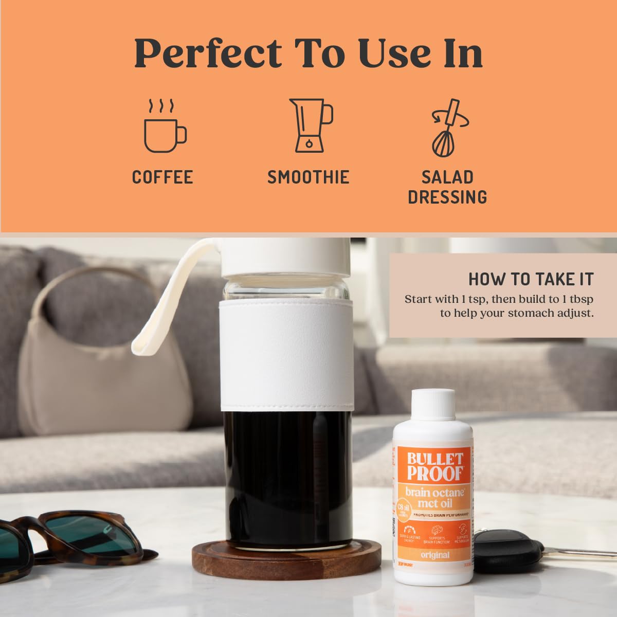 Coffee-ready travel bottle of Bulletproof Brain Octane C8 MCT Oil for fast energy