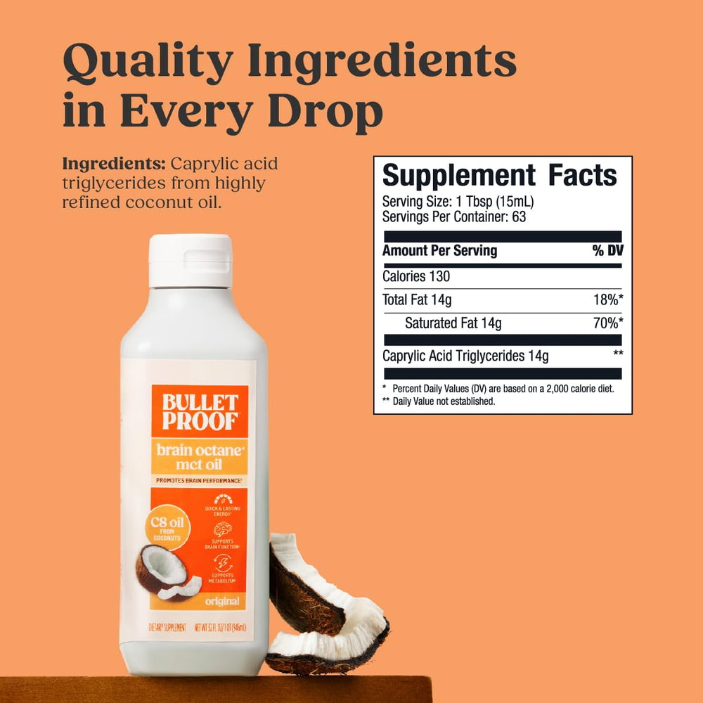 Bulletproof Brain Octane C8 MCT Oil close-up on coconut-derived C8 MCT source.
