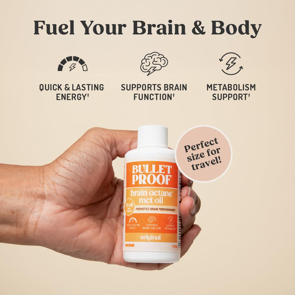 Close-up of Bulletproof Brain Octane C8 MCT Oil label showing purity