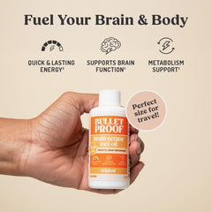 Close-up of Bulletproof Brain Octane C8 MCT Oil label showing purity