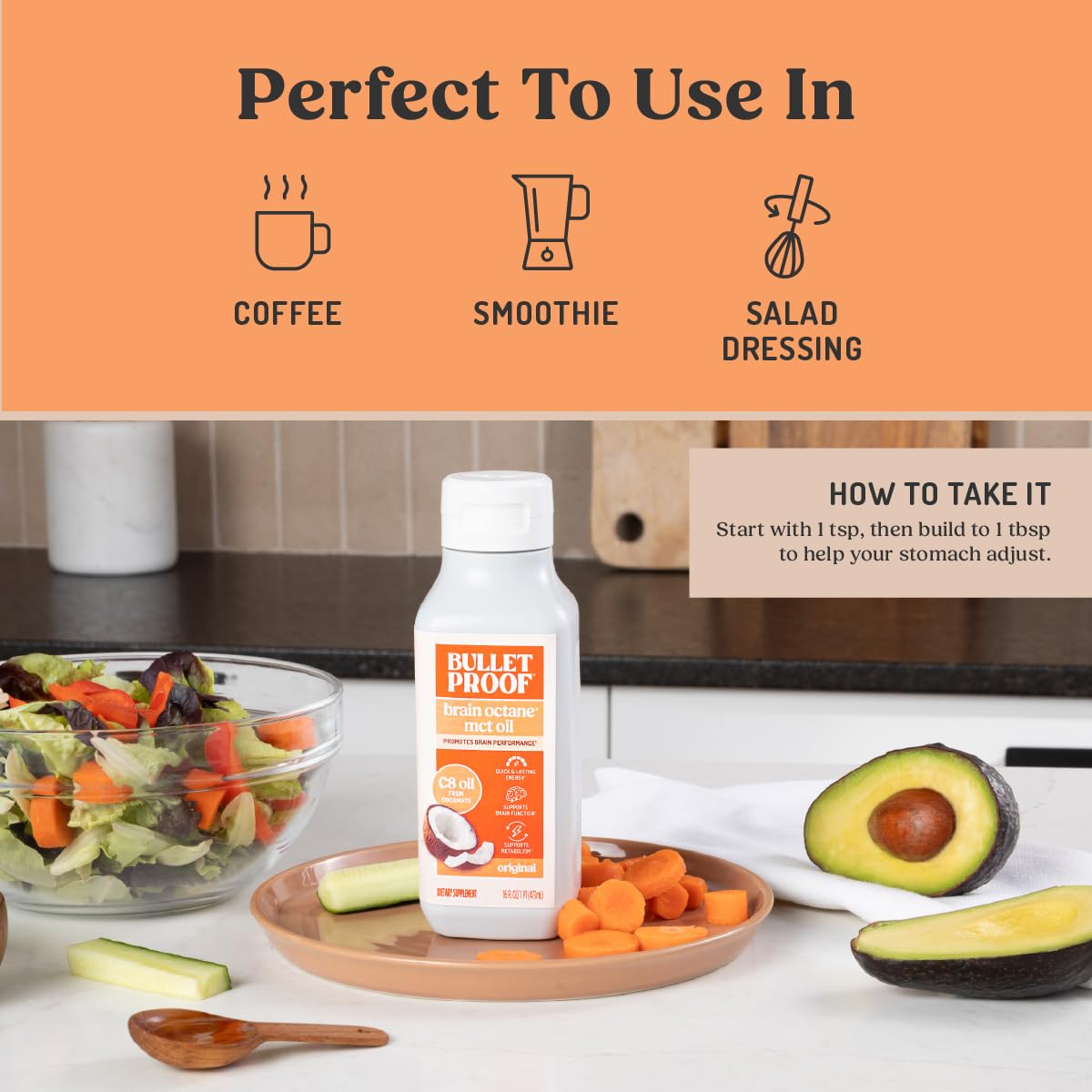 Kitchen scene with Bulletproof C8 oil offering versatile recipe use.
