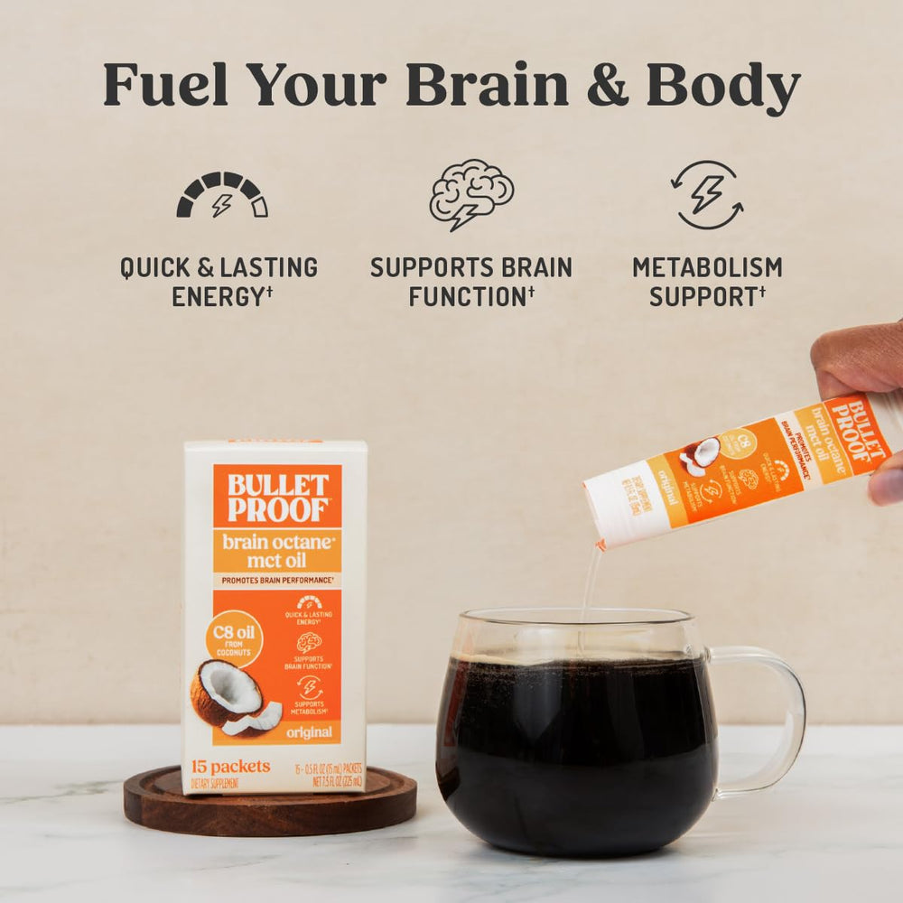 Back of the Brain Octane packet shows keto-friendly nutrition and serving notes.