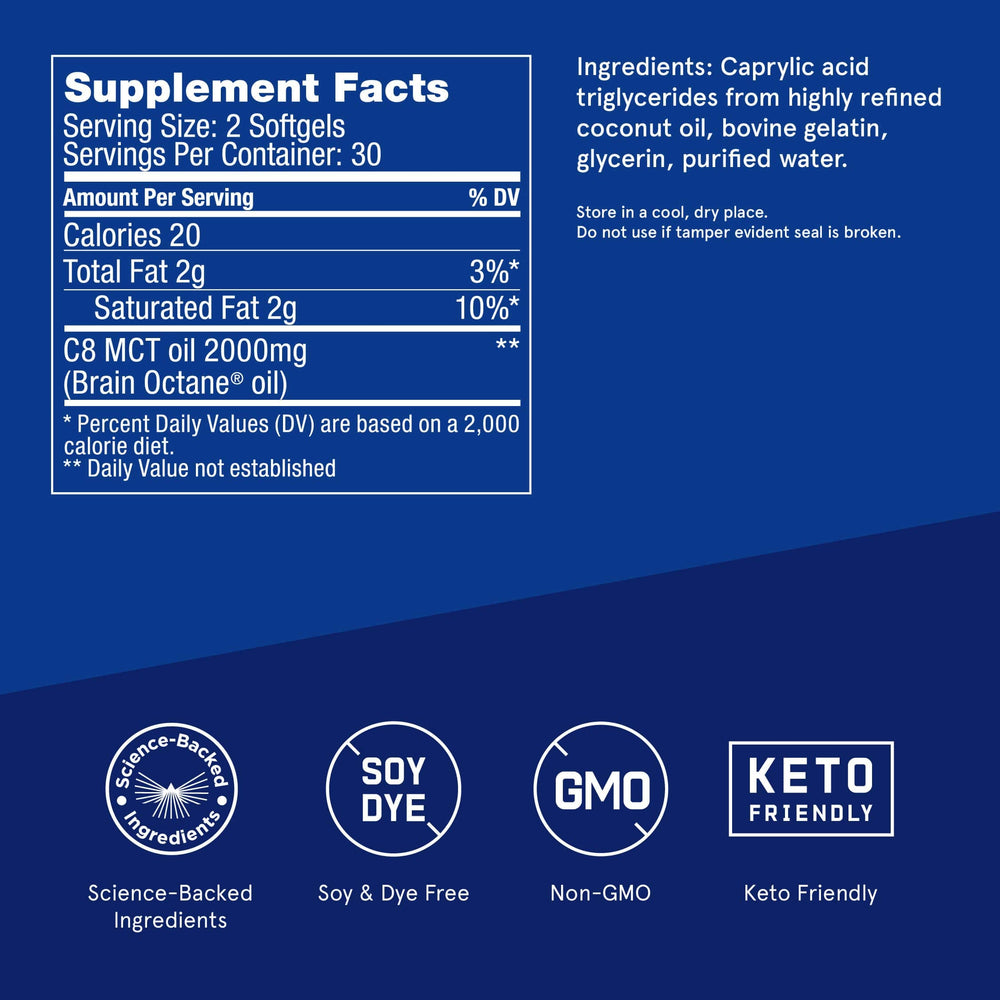 Bulletproof Brain Octane Softgels bottle-side highlighting travel-friendly packaging.