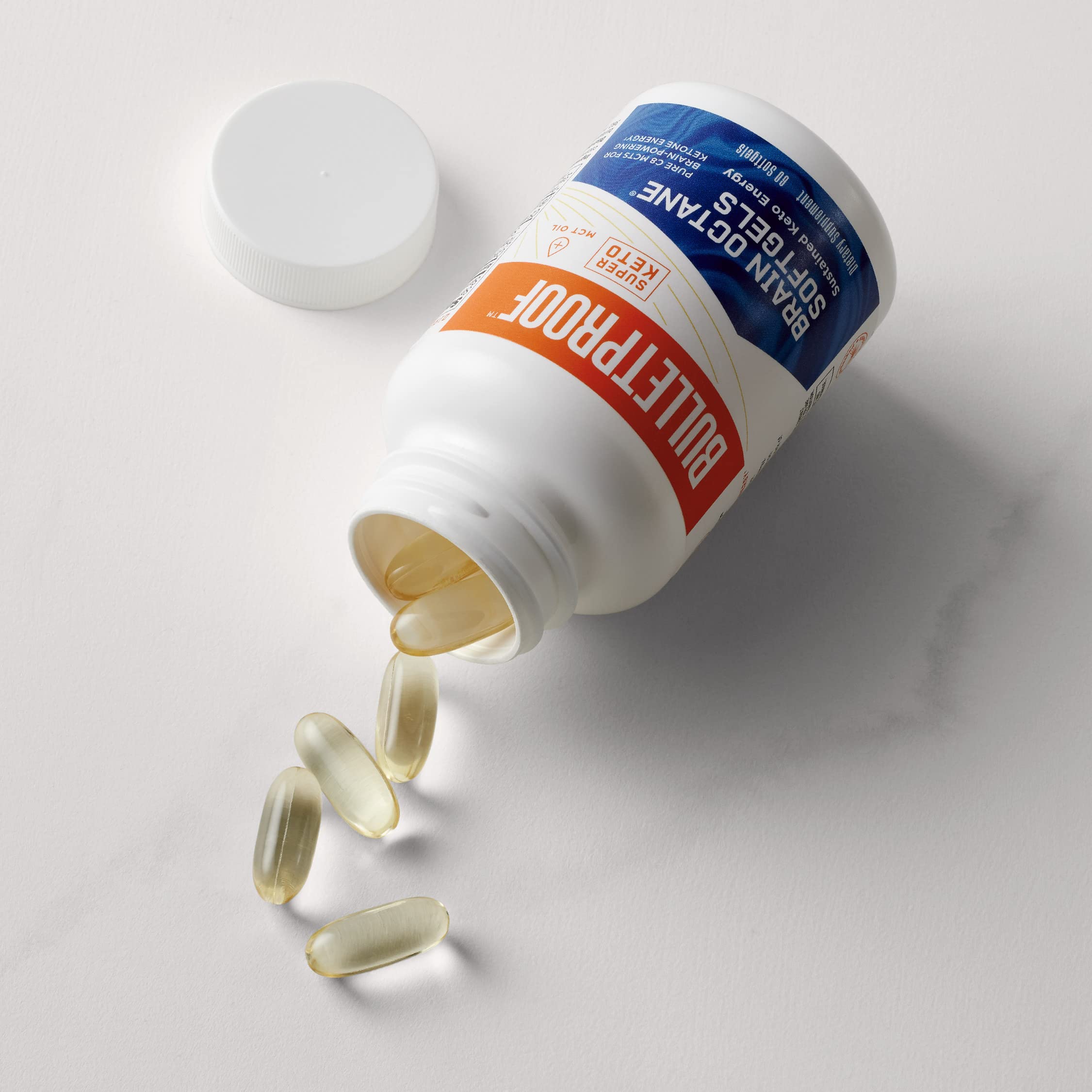 Bulletproof Brain Octane Softgels label closeup signals coconut-based energy support.