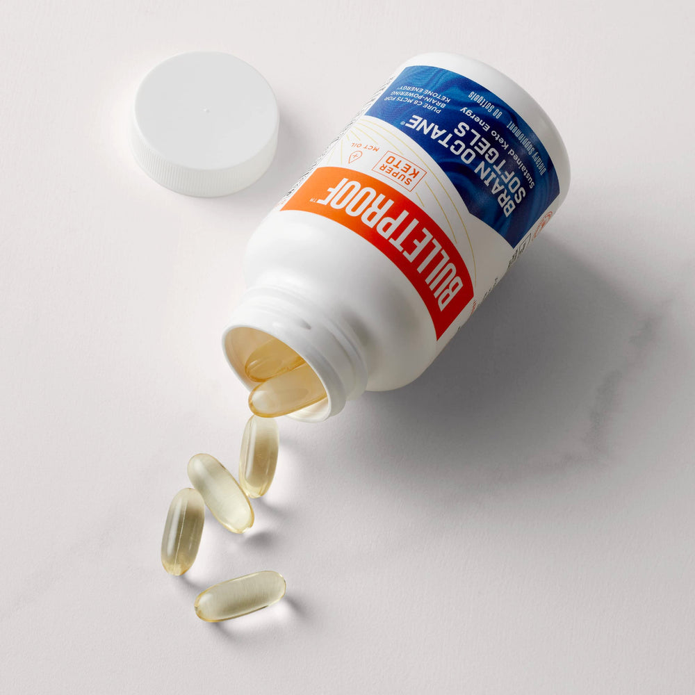 Bulletproof Brain Octane Softgels label closeup signals coconut-based energy support.