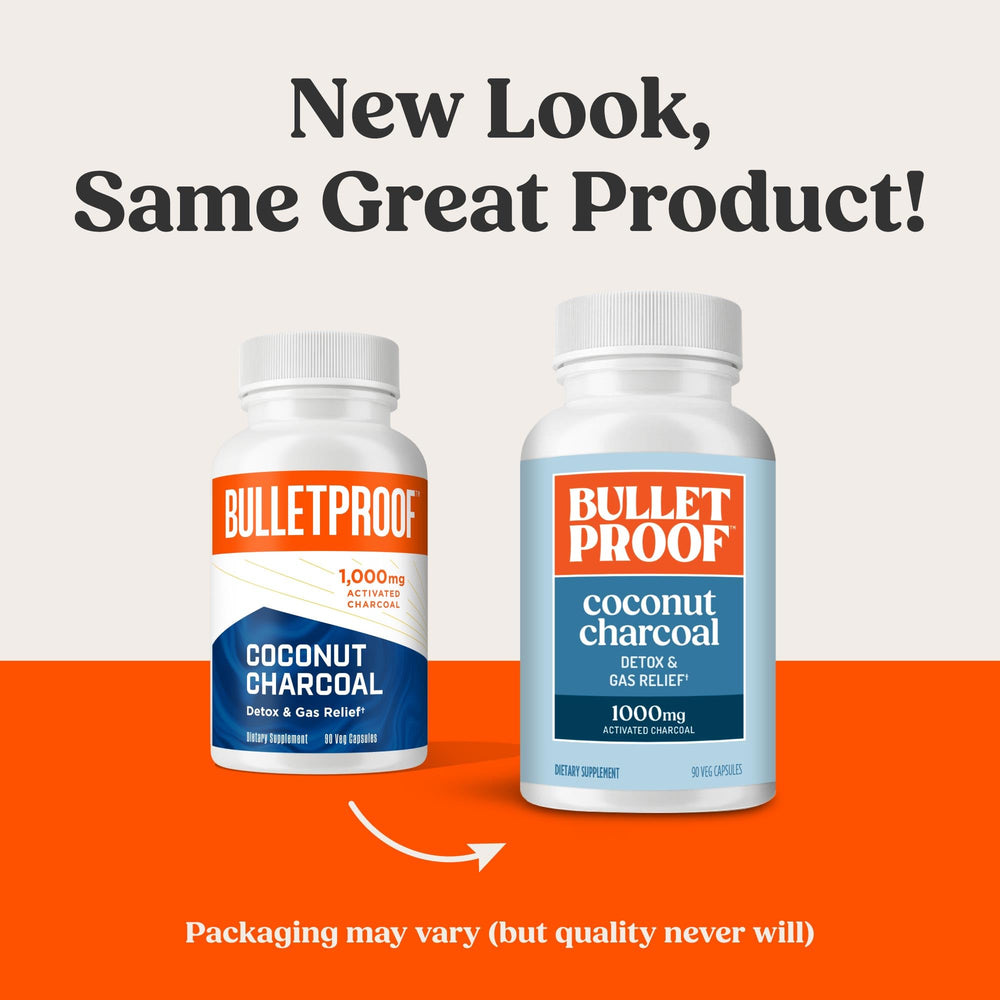 Bulletproof charcoal capsules close-up for fast gas relief with meals.