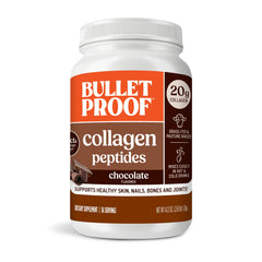Bulletproof Chocolate Collagen Peptides jar on counter, convenient daily protein source