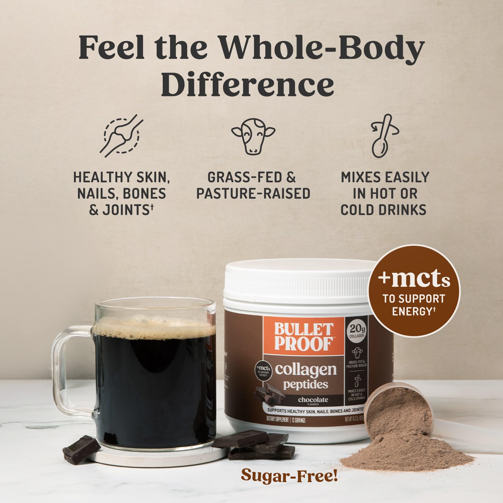 Bulletproof Chocolate Collagen Peptides smoothie-serve in a glass showcases versatile recipe use.
