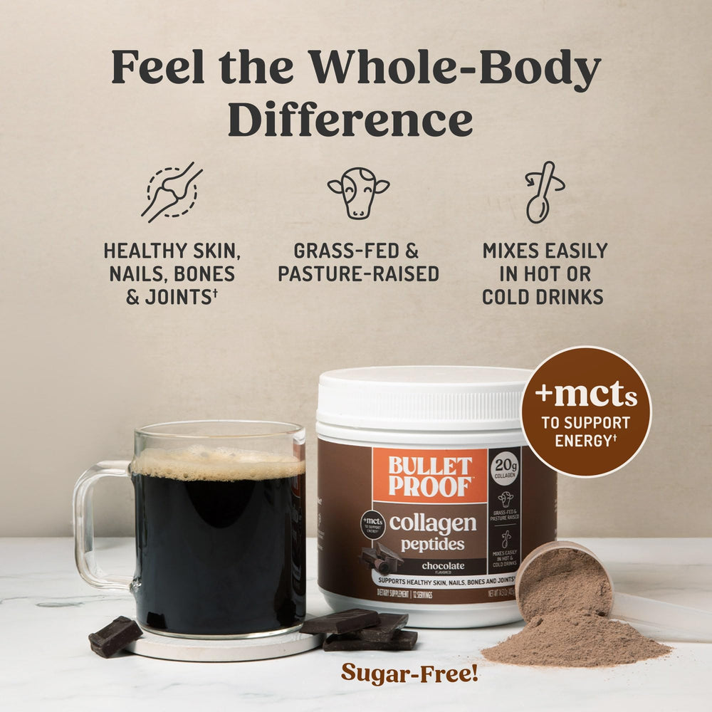 Bulletproof Chocolate Collagen Peptides smoothie-serve in a glass showcases versatile recipe use.
