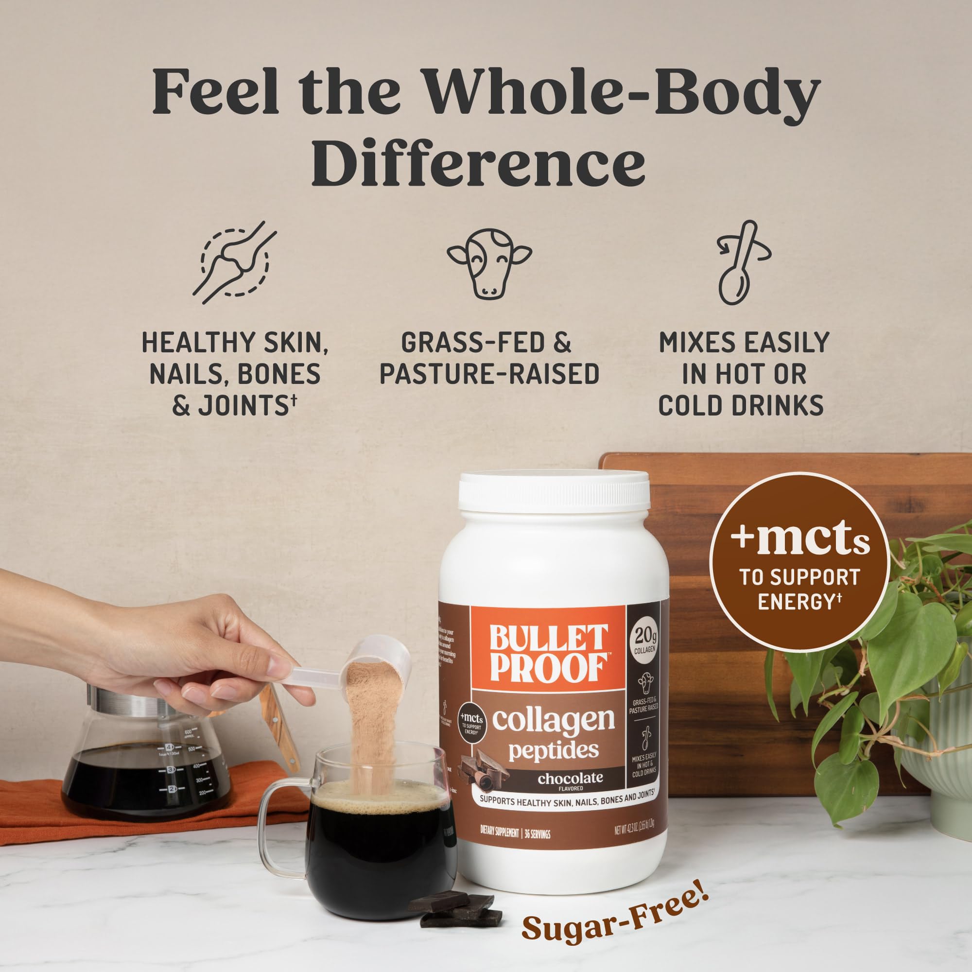 Bulletproof Chocolate Collagen powder dispensing scoop for hot or cold liquids