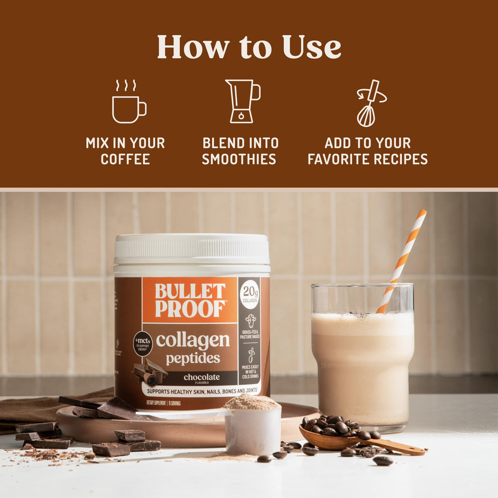 Bulletproof Chocolate Collagen in smoothie glass for versatile daily wellness add-in