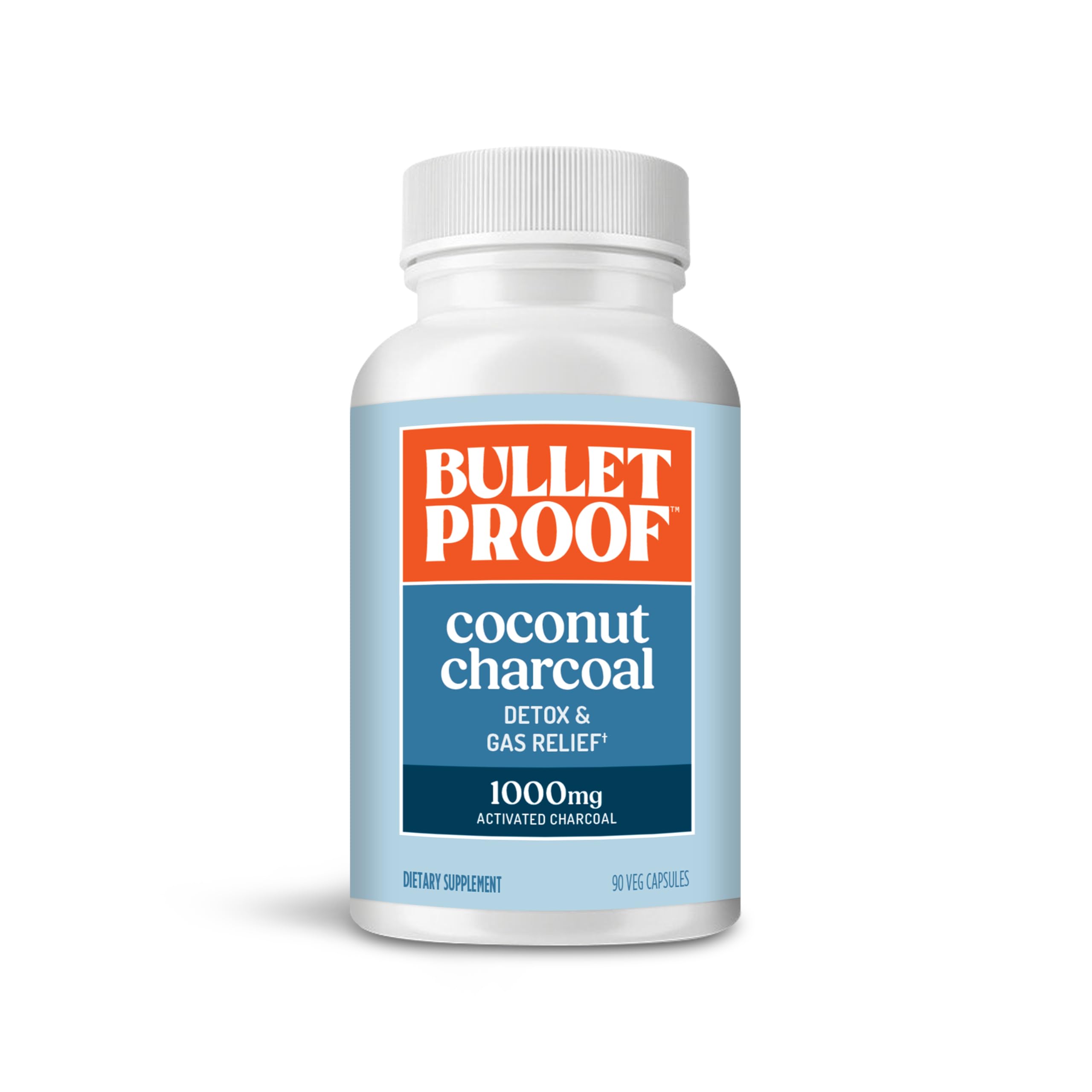 Bulletproof Coconut Charcoal detox bottle highlighting toxin support and gas relief.