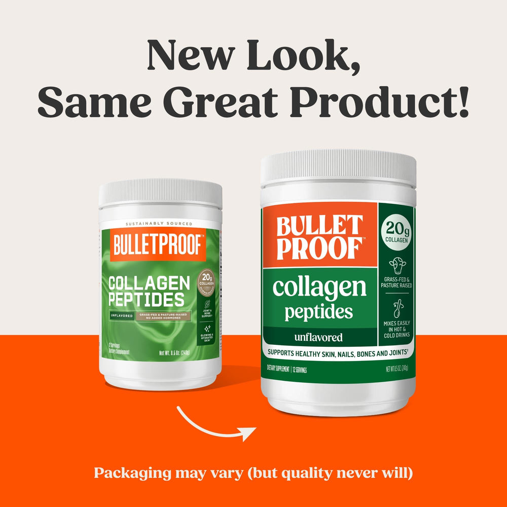 Bulletproof Collagen 18g powder in coffee mug—easy mix for hot beverages