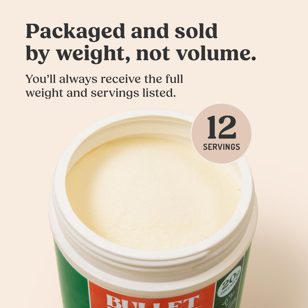 Bulletproof Collagen 18g powder beside kitchen essentials—stirs into soups