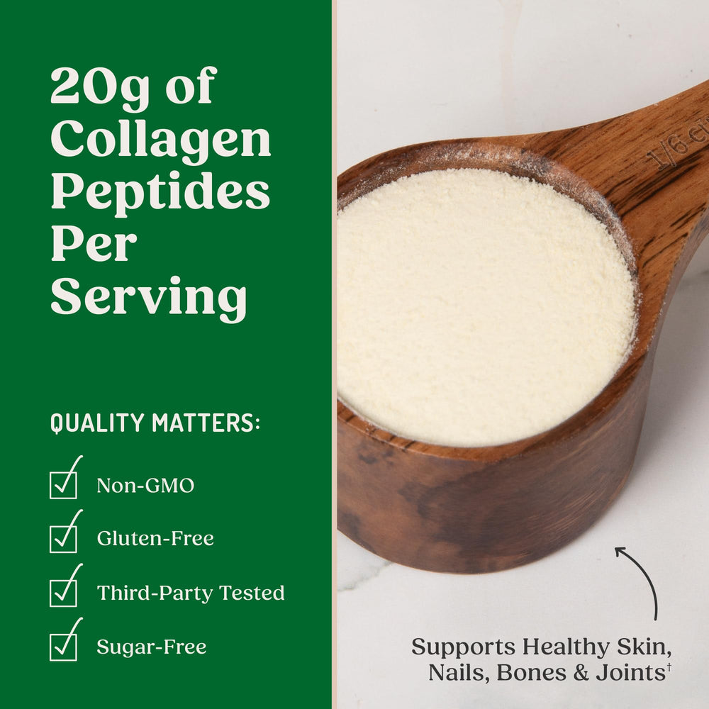 Bulletproof Collagen 18g powder next to a glass of water—no sugar