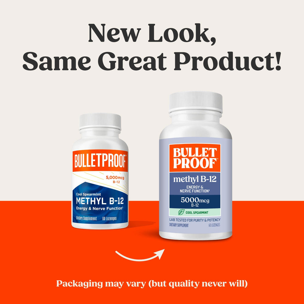 Bulletproof Cool Spearmint lozenges packaging close-up highlighting purity and non-GMO.