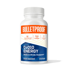 Bulletproof CoQ10 Energy Softgel bottle on shelf supporting daily focus and steady energy