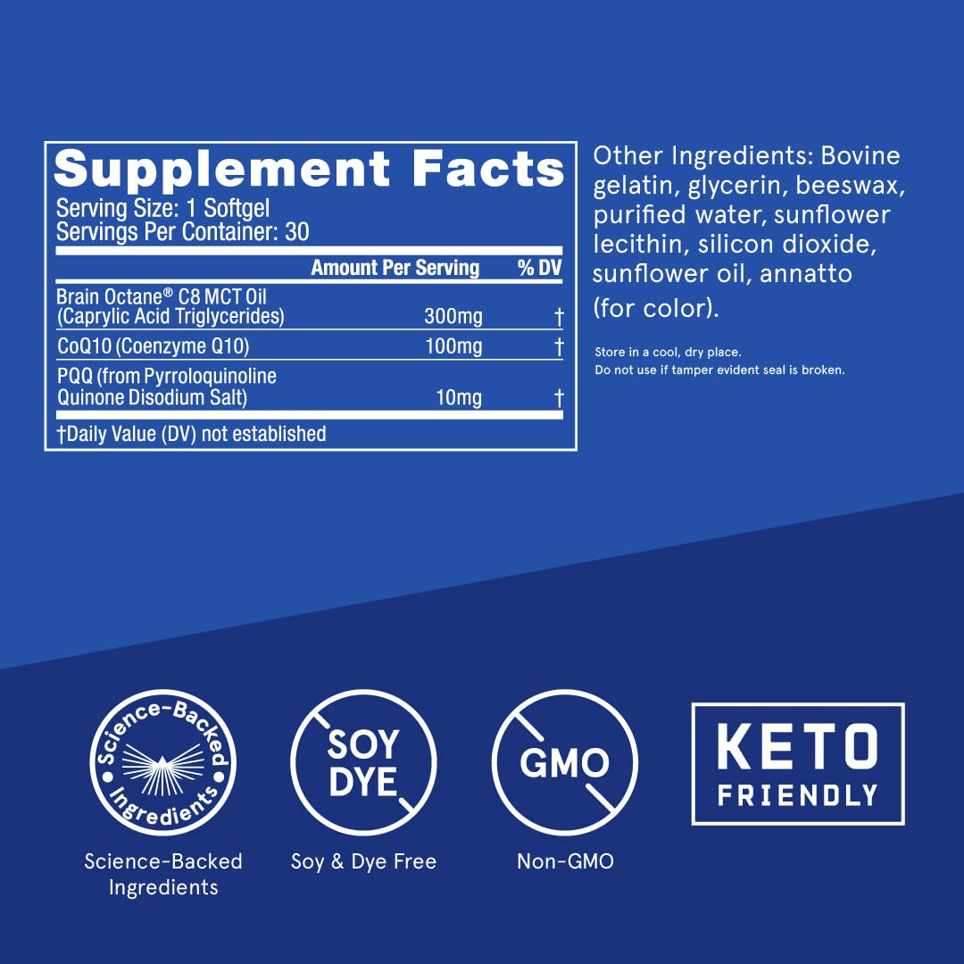 Close-up of Bulletproof CoQ10 Energy Softgel ingredients: CoQ10, PQQ, and MCT oil