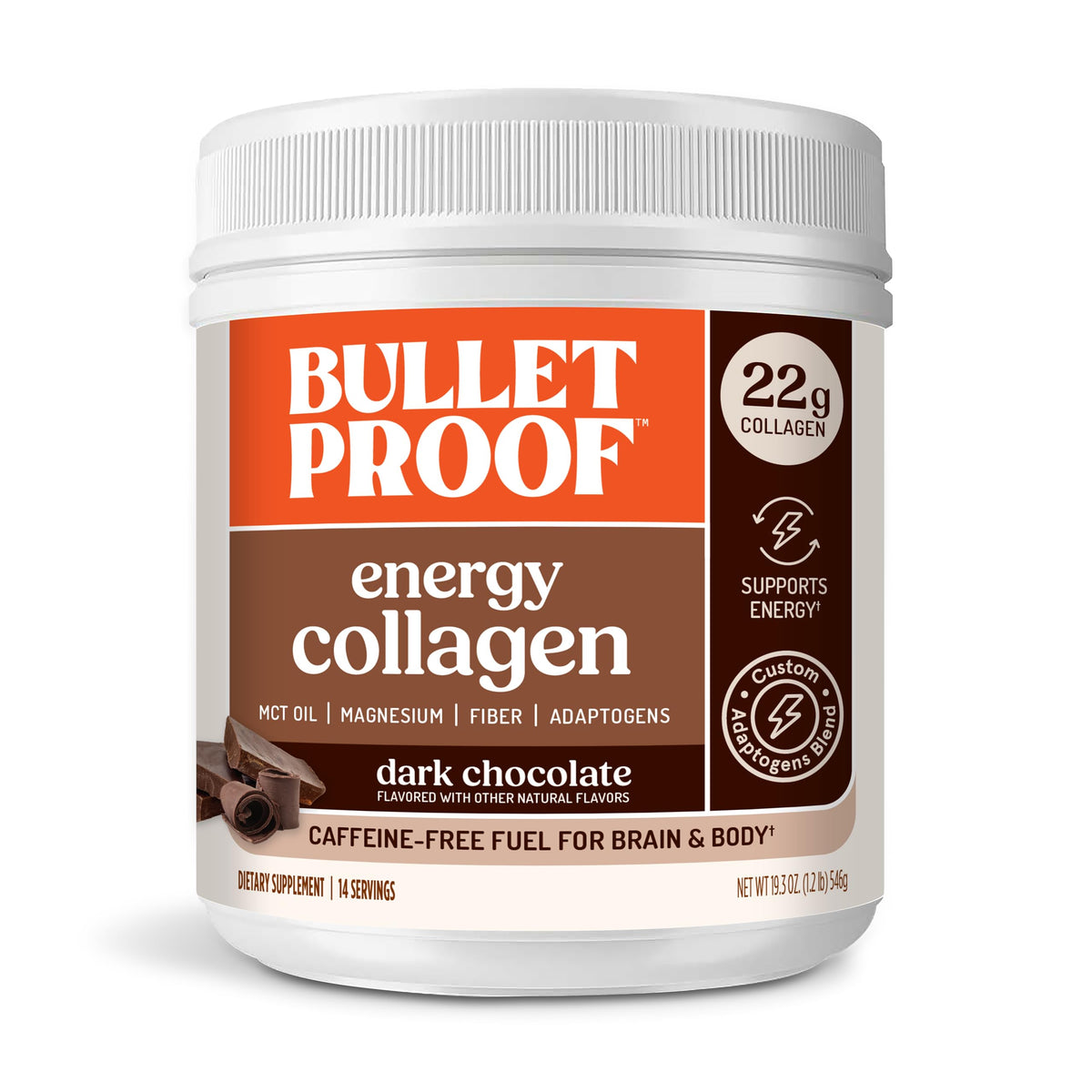 Bulletproof Dark Chocolate Energy Collagen Protein bottle promotes caffeine-free daily energy.