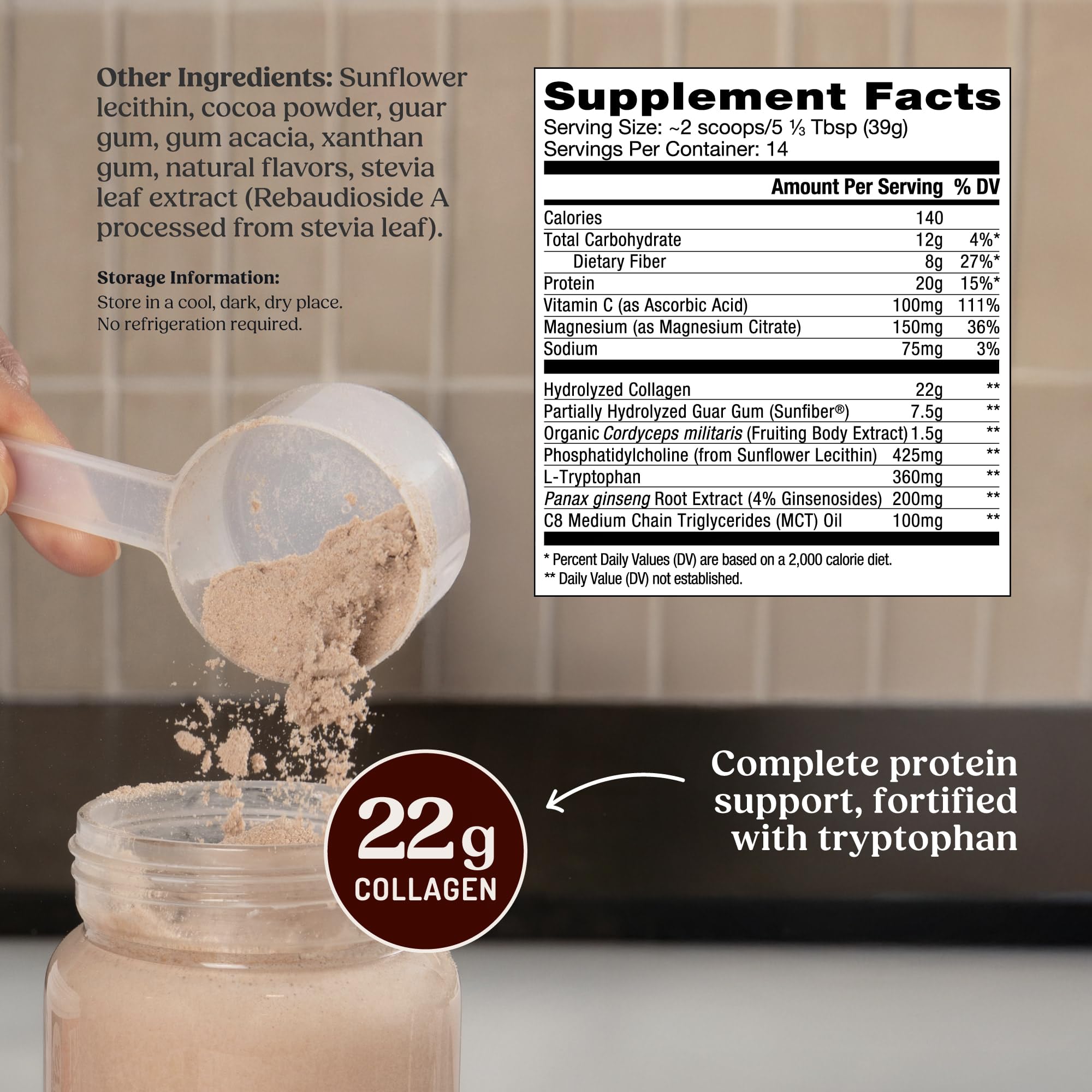 Pouring Bulletproof Energy Collagen Protein into drink for hot or cold preparation.