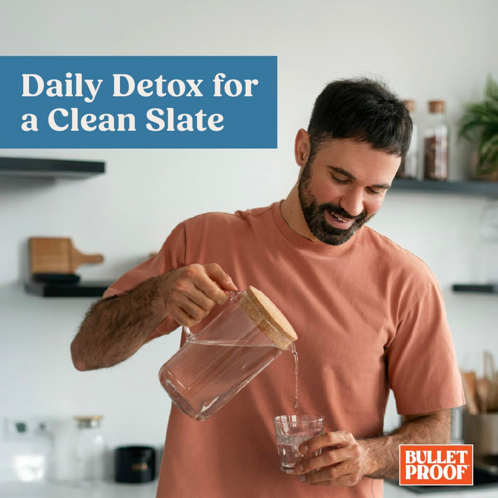 Digestive wellness scene with Bulletproof detox capsules and fresh fruit.