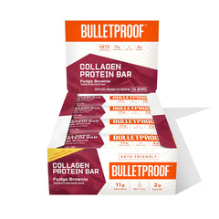 Bulletproof fudge-brownie-collagen-bar-box for convenient on-the-go nutrition.